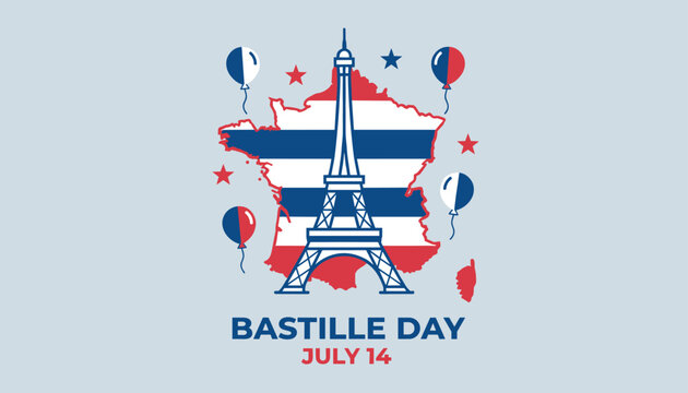 Bastille Day commemorative graphic featuring Eiffel Tower outline on France map outline with national flag stripes and balloons.