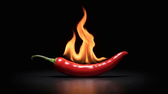 Hot red chili pepper on fire isolated on black background