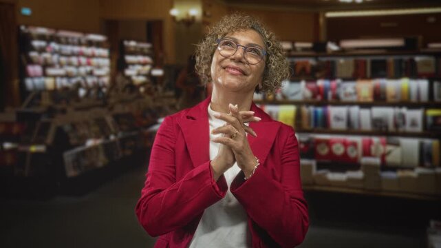 Woman with glasses and clasped hands smiling amid card and book displays in a bookstore building; quiet joy.