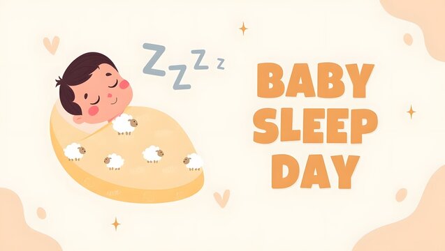 Baby sleep day cartoon art showing a child sleeping on a pillow with jumping sheep dreams