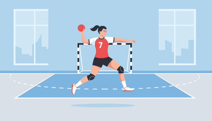 Obraz premium Female handball player wearing red jersey jumping in the air to shoot ball into a goal post on court indoor background.