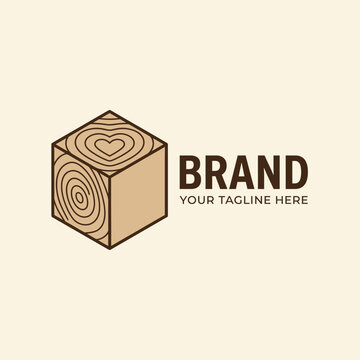 Isometric wooden block logo with heart woodgrain.