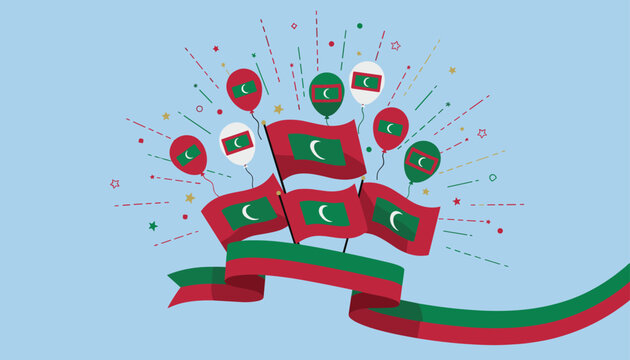 Maldives national day celebration graphic featuring red, green and white flags and balloons over ribbon with festive sparks.