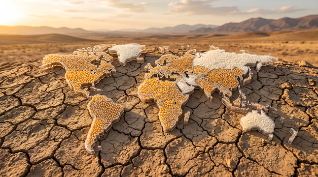 World Map Made of Grains and Seeds on Cracked Dry Earth Representing Global Food Security and Climate Change