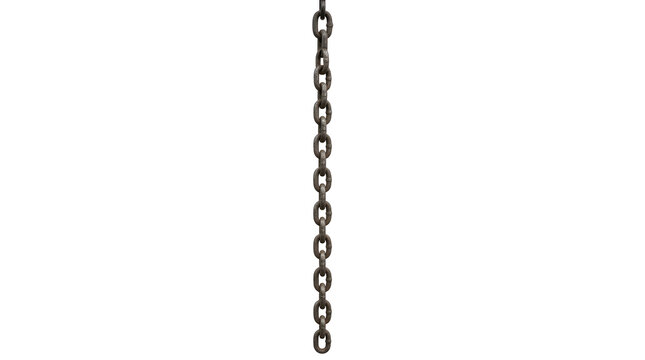 Rusty iron chain hanging vertically on white background, weathered metal link chain, industrial steel hardware for heavy lifting and security