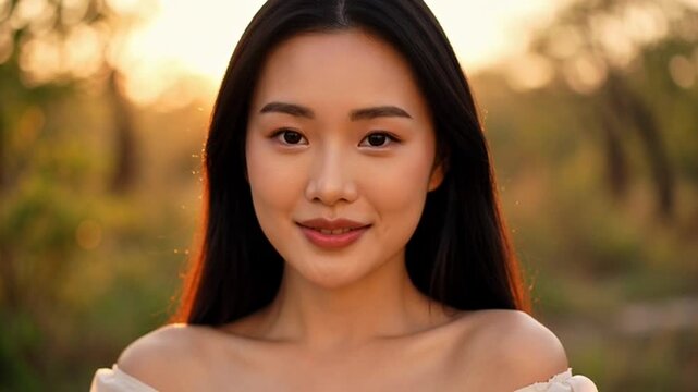 Close up portrait of a beautiful young Asian woman smiling outdoors at sunset