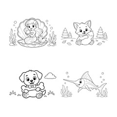 Obraz premium Magical Mermaid Woodland Fox Puppy and Swordfish Coloring Pages for Children's Activity Book