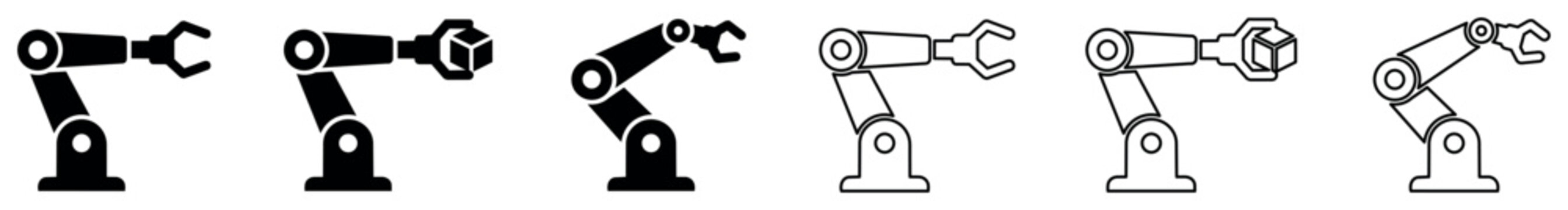 Industrial robotic arm vector icon set with multiple claw hand variations, mechanical automation and manufacturing technology symbols in flat line and solid styles