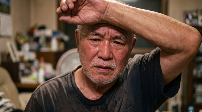 Close-up Senior Asian Man Wiping Sweat
