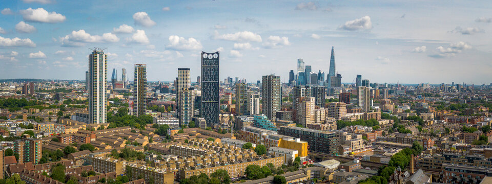 LONDON - Aeria Panoramic view of Elephant and Castle towards the Shard and the City of London
