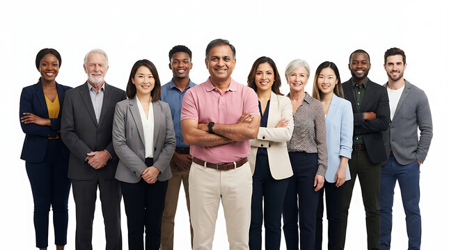 Diverse group of men and women in business attire posing together smiling people