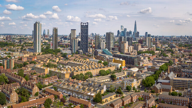 LONDON - Aerial view of Elephant and Castle towards the Shard and the City of London
