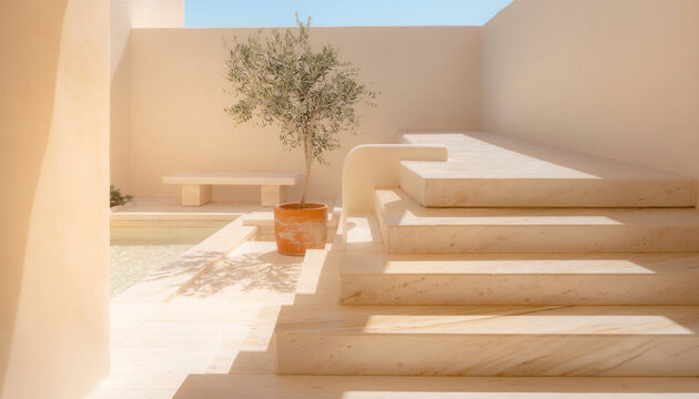 Sunlit Mediterranean Courtyard With Travertine Marble Stairs Potted Olive Tree and Shallow Reflecting Pool
