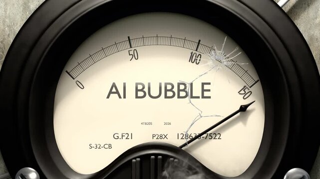 Ai bubble meter showing big levels of ai bubble. Dangerously increasing high values of ai bubble, critical overload. Too much, off the charts. Max ai bubble