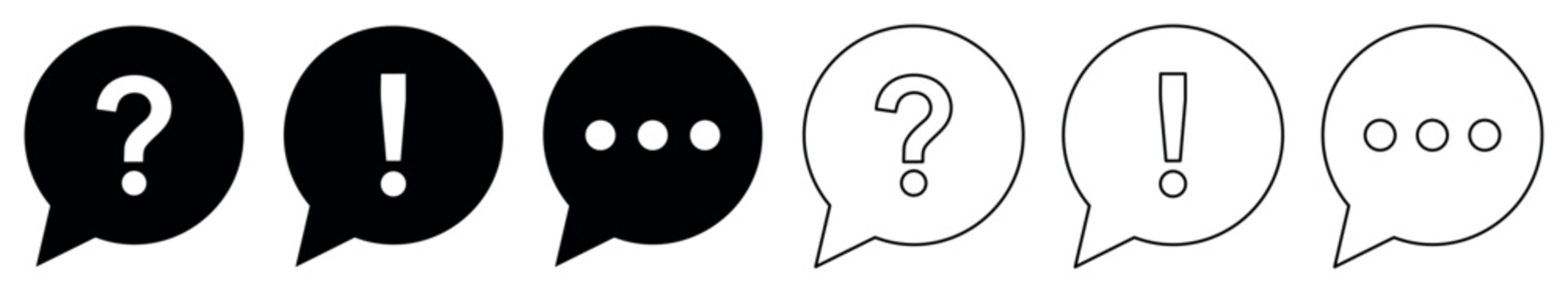 Communication and messaging icon set with speech bubbles featuring question marks, exclamation points, and ellipsis symbols in black and outline styles for chat, dialogue, and support concepts