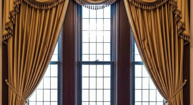 Elegant gold damask curtains frame a tall arched window with intricate mullions