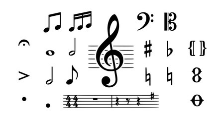 Fototapeta premium Classic music symbols vector collection with treble clef sheet music and musical note icons isolated on white background
