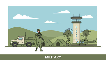 Fototapeta premium Military officer guarding army camp with heavy armored vehicle, tents, communication tower, and military helicopter at base.