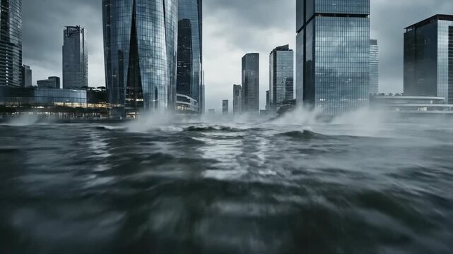 Modern city skyscrapers partially submerged in turbulent water with large waves crashing against buildings under a dramatic, dark storm sky, illustrating urban flooding and environmental disaster
