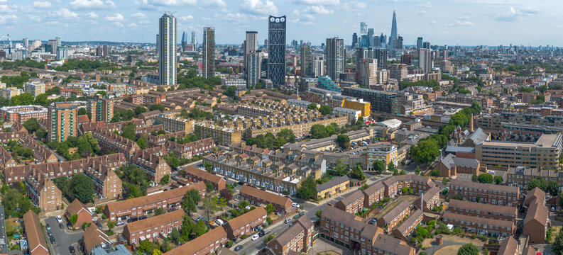 LONDON - Wide panoramic aerial of Elephant and Castle towards the Shard and City of London Skyline