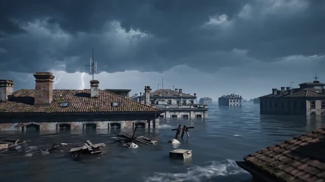 Flooded city rooftops under dark stormy sky with lightning flash, buildings partially submerged in turbulent water, apocalyptic urban landscape, environmental disaster concept