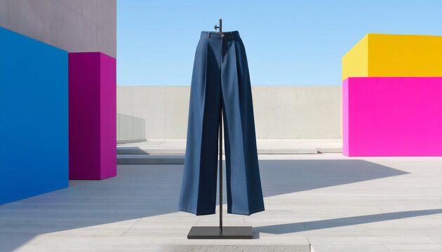 Wide-leg dark blue denim trousers on display stand in colorful modern outdoor plaza with blue sky