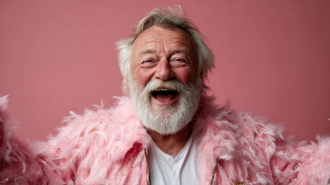 A jubilant elderly man wearing a pink feather coat beams with joy, illustrating the spirit of liveliness and fun, showcasing individuality and the joy of living life to the fullest.