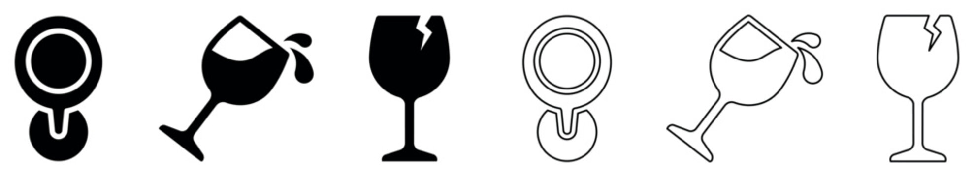 Glass and cup safety icons set with whole, splashing, and broken glass symbols in solid black and outline styles for warning signs, packaging, and handling instructions