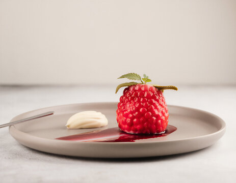 Raspberry mousse dessert shaped like giant berry with red coulis and cream quenelle on gray ceramic plate