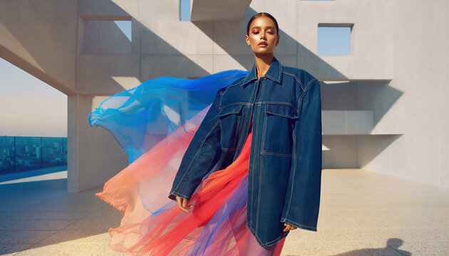 Woman in oversized dark denim jacket with flowing blue red ombre chiffon fabric billowing on sunlit modern concrete rooftop