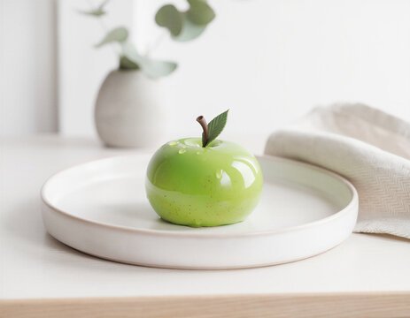 Glossy Green Apple-Shaped Mousse Cake on White Ceramic Plate in Minimalist Setting
