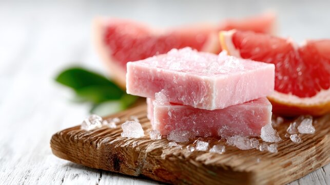 A visually appealing arrangement of pink soap bars and fresh grapefruit slices on a wooden surface, showcasing the beauty and refinement of handcrafted bath products.