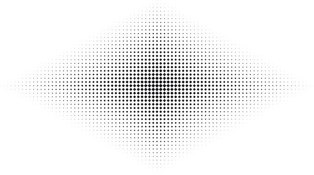 Diamond shaped halftone pattern with a dense center of black dots fading outwards towards the edges on a white background texture