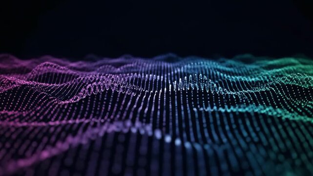 Abstract digital wave surface with glowing particles, colorful motion graphic animation, seamless loop background visualizing data flow and complex network connections in cyberspace