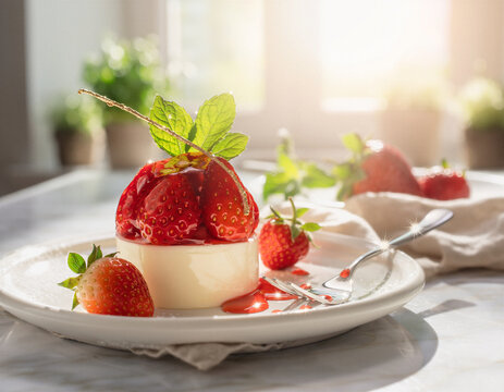 Strawberry Panna Cotta Dessert Plate with Fresh Berries Mint and Gold Garnish in Warm Sunlight