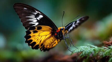Naklejka premium A stunning close-up of a vibrant butterfly perched gracefully on lush green foliage, representing nature's beauty and the wonders of biodiversity in the wild.