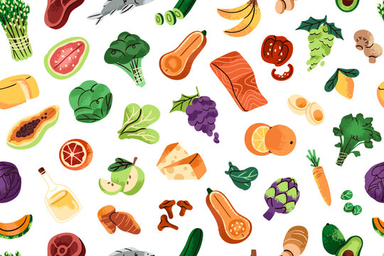 Repeatable pattern of different organic grocery products for proper nutrition. Endless background of healthy food, natural vegetables and fruit, meat and fish. Flat seamless vector illustration