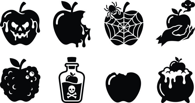 Halloween poison apple witchcraft icon set. dripping skull face poison apple, bitten poisoned apple, spiderweb apple with spider, witch hand holding apple with evil smoke, bubbly poisoned apple, apple