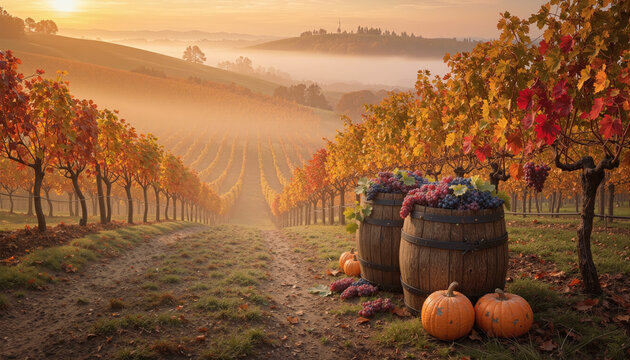 Autumn Vineyard at Sunrise with Oak Barrels Grapes and Pumpkins on Misty Rolling Hills