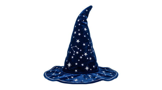Blue velvet wizard hat with silver stars, magical sorcerer headwear on white background, celestial pointed witch hat for halloween costume