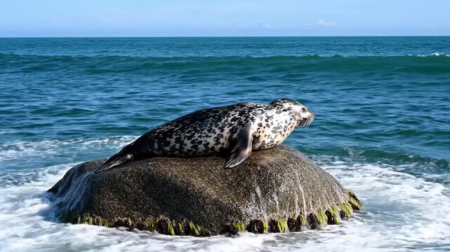 Seal rests on coastal rocks beside blue ocean water and distant horizon. Marine wildlife imagery supports conservation education, travel publishing, habitat studies and social concepts for nature audi