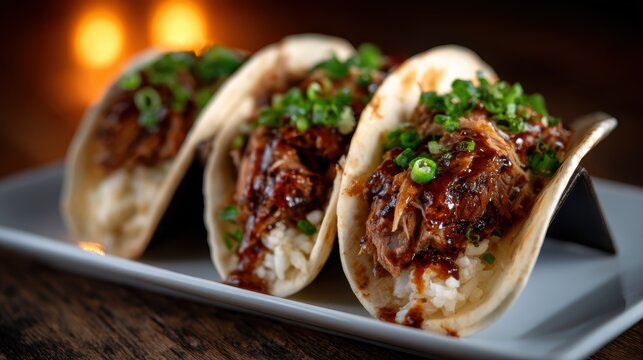 A tantalizing close-up of three delicious tacos filled with savory meat and garnished with herbs, presenting an enticing culinary aesthetic ideal for food photography and advertising.