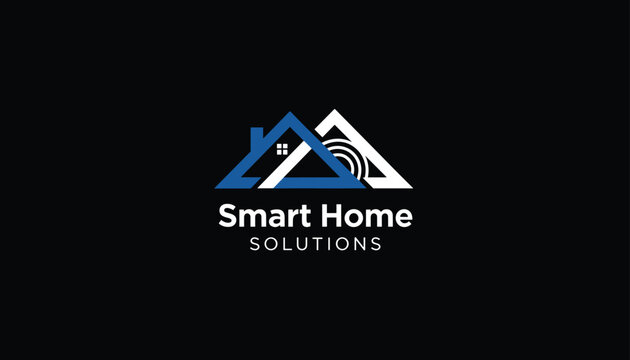 Smart home solutions company logo design template with blue and white house roof silhouettes on solid black background.
