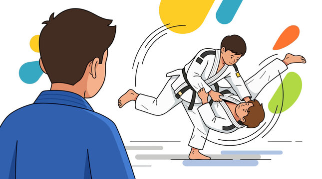 Judo students practice throwing techniques while a coach observes their performance in a bright training hall.
