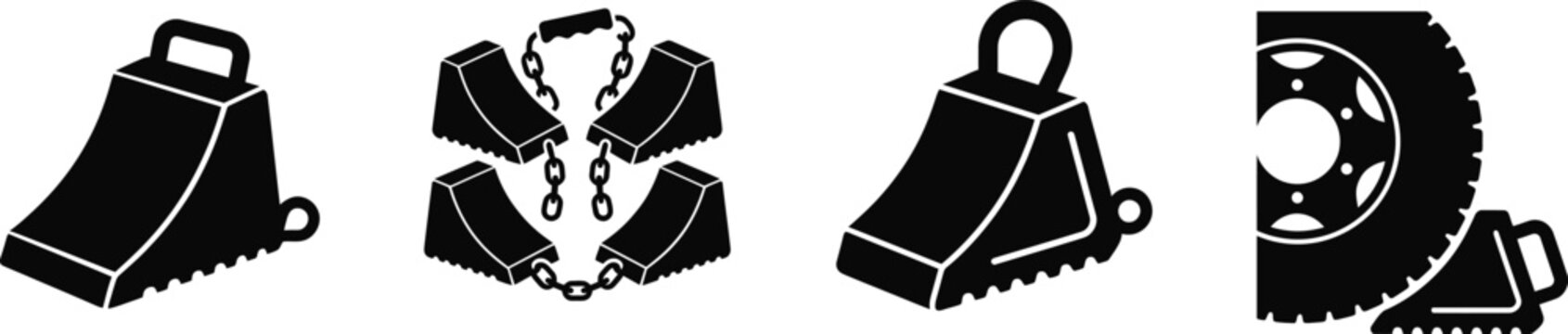 Wheel chock safety equipment silhouette vector icons for truck safety
