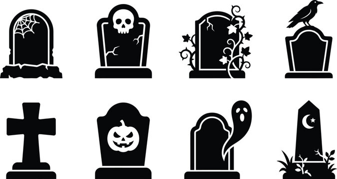 Halloween tombstone gravestone graveyard icon set. headstone with spiderweb, cracked tombstone with skull, gravestone with ivy vines, raven crow perched on tombstone, cross gravestone, pumpkin carved 