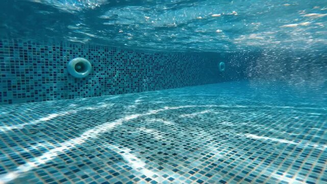 Underwater swimming pool shows blue water, tiled floor, tiled wall and circular pool fitting. Submerged pool perspective highlights aquatic basin texture for facility design, education and social conc
