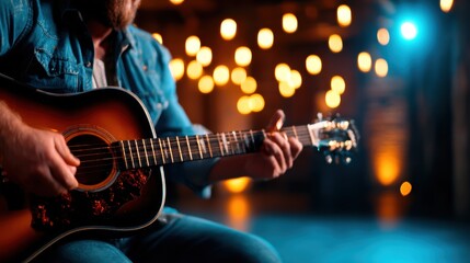 Naklejka premium A passionate musician strumming an acoustic guitar under enchanting warm lights, creating an intimate and cozy atmosphere perfect for storytelling through music.