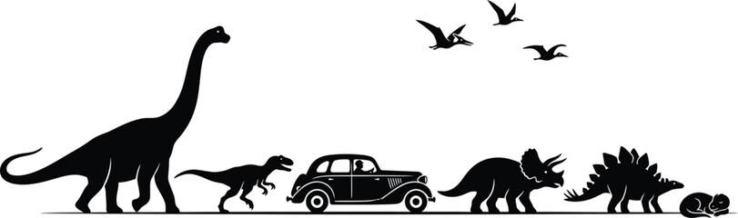 Dinosaurs with vintage car silhouette set, prehistoric animals walking in line vector illustration © Asaduzzaman