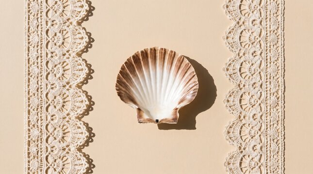 Elegant scallop seashell, a delicate marine shell with intricate lace trim on a beige background, perfect for wedding invitations or coastal design elements